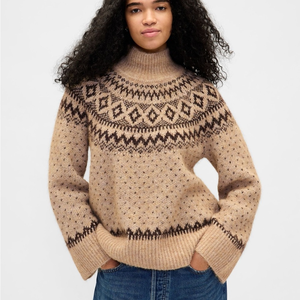 Brown Fair Isle Fuzzy Oversized Turtle Neck Jumper